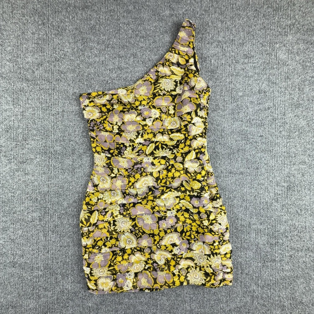 Zara Dress Womens Small Multicolor Floral One Shoulder Ruched Bodycon Mini Party